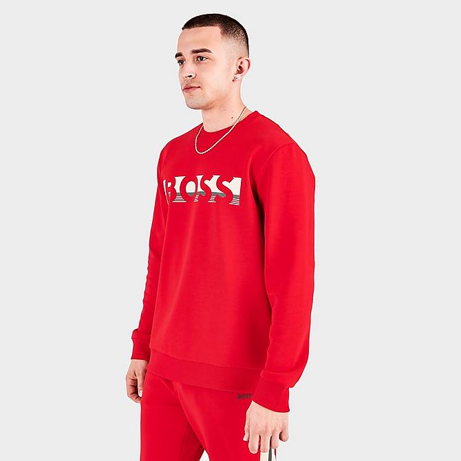 Back Left view of Men's Hugo Boss Striped Block Logo Hoodie in Red Click to zoom