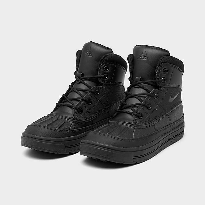 Three Quarter view of Little Kids' Nike Woodside 2 High ACG Boots in Black/Black/Black Click to zoom