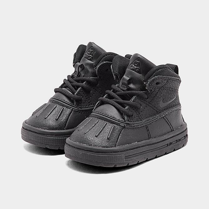 Three Quarter view of Kids' Toddler Nike Woodside 2 High ACG Boots in Black/Black/Black Click to zoom