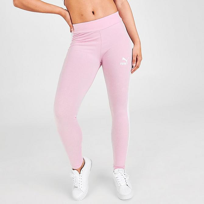 Front Three Quarter view of Women's Puma Iconic T7 Leggings in Pink Lady Click to zoom