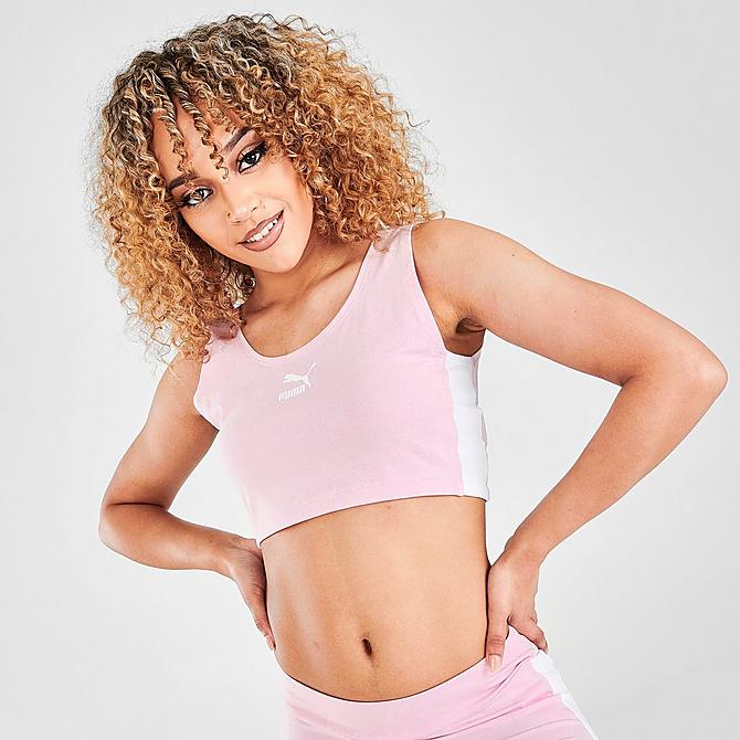 Back Right view of Women's Puma Iconic T7 Bralette Crop Top in Pink Lady Click to zoom