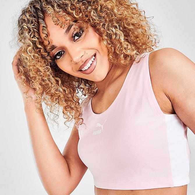 On Model 6 view of Women's Puma Iconic T7 Bralette Crop Top in Pink Lady Click to zoom