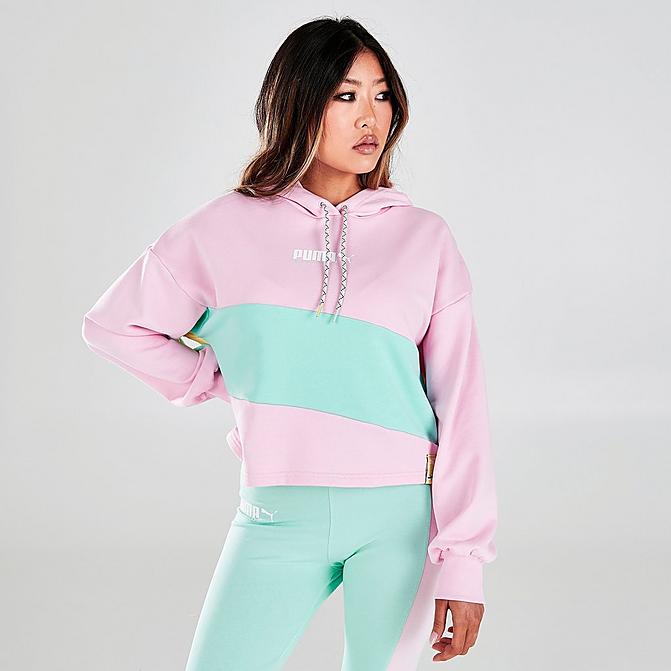 Front view of Women's Puma International Colorblock Hoodie in Pink Lady Click to zoom