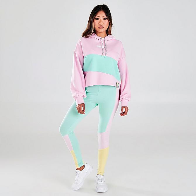 Front Three Quarter view of Women's Puma International Colorblock Hoodie in Pink Lady Click to zoom