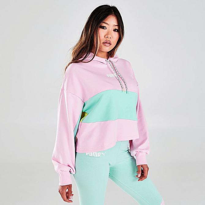 Back Left view of Women's Puma International Colorblock Hoodie in Pink Lady Click to zoom