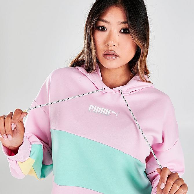 On Model 5 view of Women's Puma International Colorblock Hoodie in Pink Lady Click to zoom