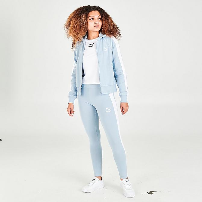Front view of Women's Puma Iconic T7 Mid-Rise Leggings in Blue Fog/Puma White Click to zoom