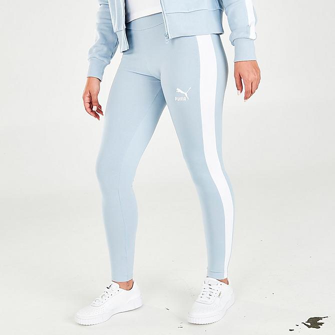 Front Three Quarter view of Women's Puma Iconic T7 Mid-Rise Leggings in Blue Fog/Puma White Click to zoom