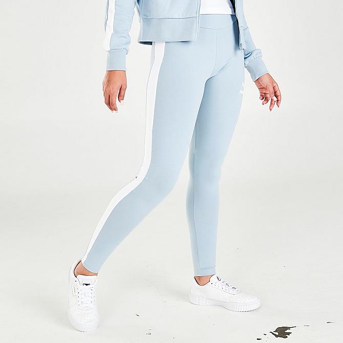 Back Left view of Women's Puma Iconic T7 Mid-Rise Leggings in Blue Fog/Puma White Click to zoom