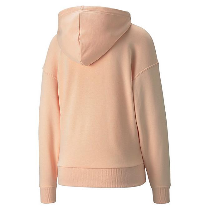 Front Three Quarter view of Women's Puma Classic Logo Pullover Hoodie (Plus Size) in Peach Parfait Click to zoom