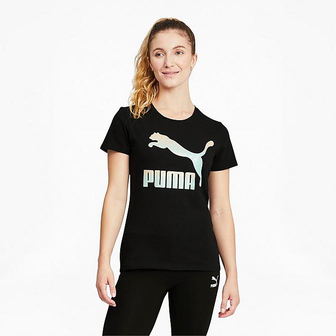Front view of Women's Puma Classics Logo T-Shirt in Black/Gloaming Click to zoom
