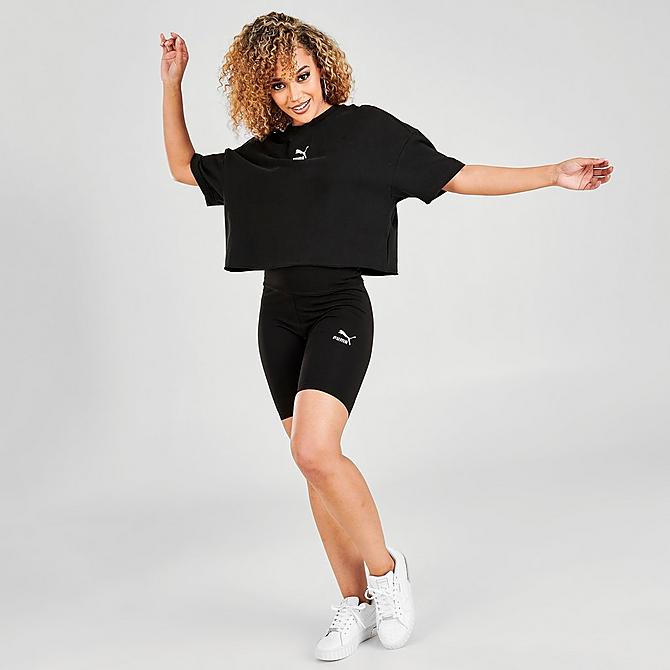 Front Three Quarter view of Women's Puma Raw Edge Crew T-Shirt in Black Click to zoom