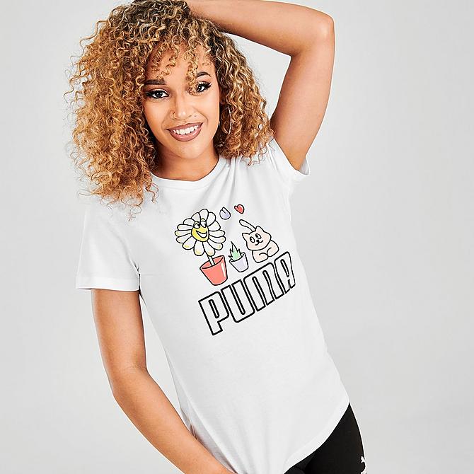 Back Left view of Women's Puma Graphic T-Shirt in Puma White Click to zoom