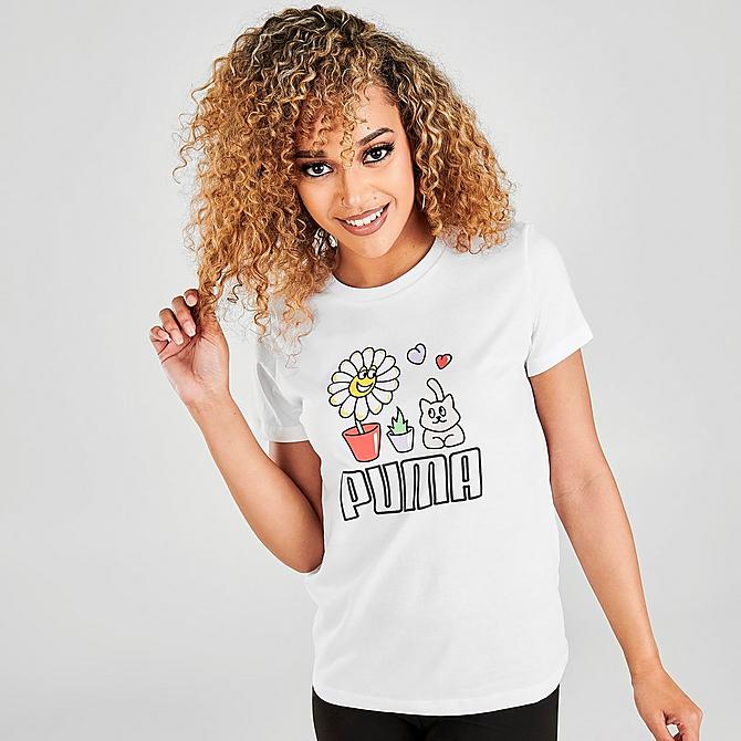 Back Right view of Women's Puma Graphic T-Shirt in Puma White Click to zoom