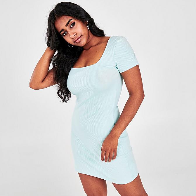 Front view of Women's Puma Classics Square Neck Ribbed Dress in Eggshell Blue Click to zoom