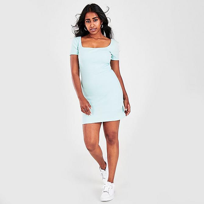 Front Three Quarter view of Women's Puma Classics Square Neck Ribbed Dress in Eggshell Blue Click to zoom