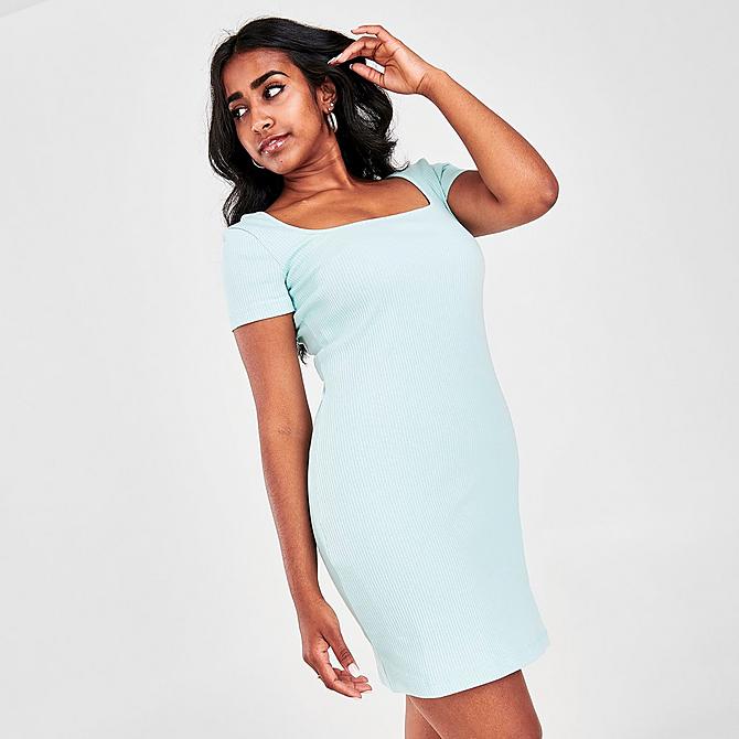 Back Left view of Women's Puma Classics Square Neck Ribbed Dress in Eggshell Blue Click to zoom