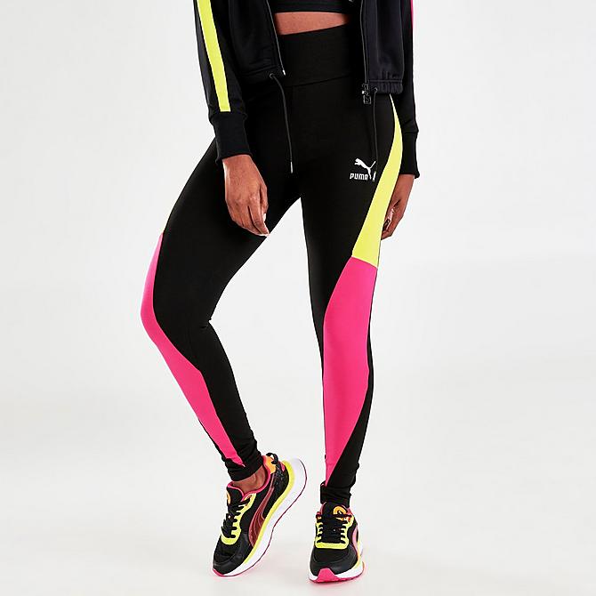 Front Three Quarter view of Women's Puma CLSX High-Waist Leggings in Black/City Lights Click to zoom