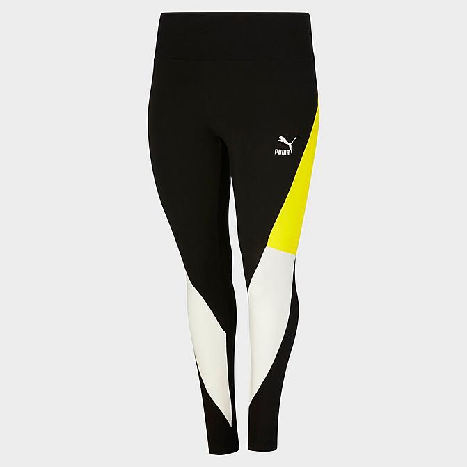 Front view of Women's Puma Classics High-Waist Leggings (Plus Size) in Cotton Black/Nrgy Yellow Click to zoom