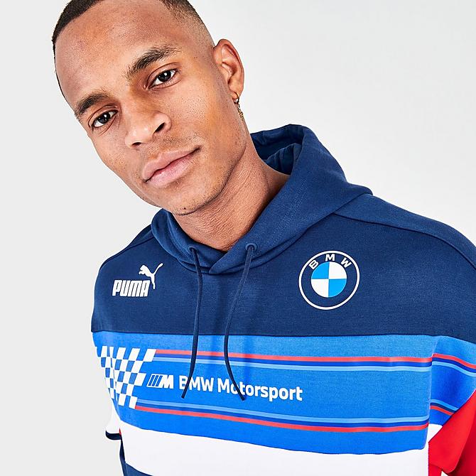 On Model 5 view of Men's Puma BMW M Motorsport Pullover Hoodie in Estate Blue Click to zoom