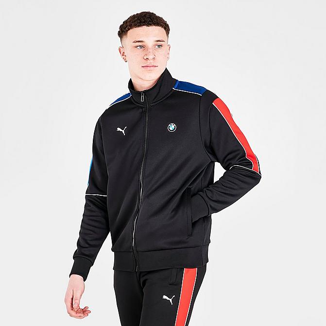 Front view of Men's Puma BMW M Motorsport T7 Track Jacket in Puma Black/Red Click to zoom