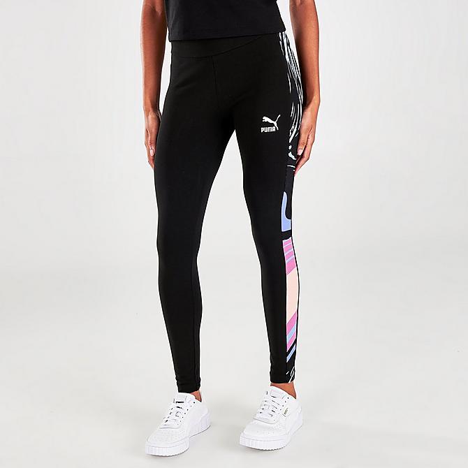 Front Three Quarter view of Women's Puma Marbled T7 Leggings in Puma Black Click to zoom