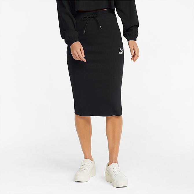 Front view of Women's Puma Classics Ribbed Midi Skirt in Puma Black Click to zoom