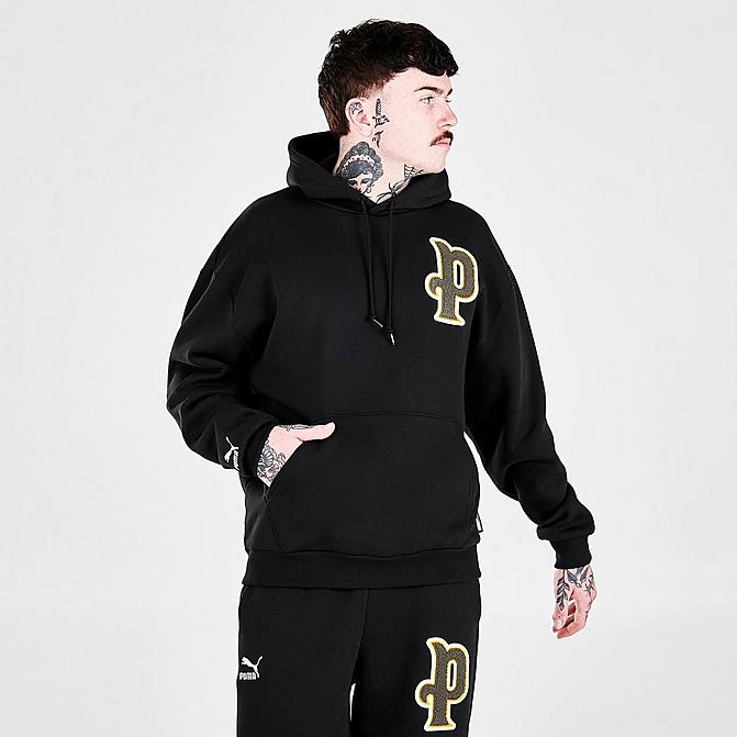 Front view of Men's Puma Team Pullover Hoodie in Puma Black Click to zoom