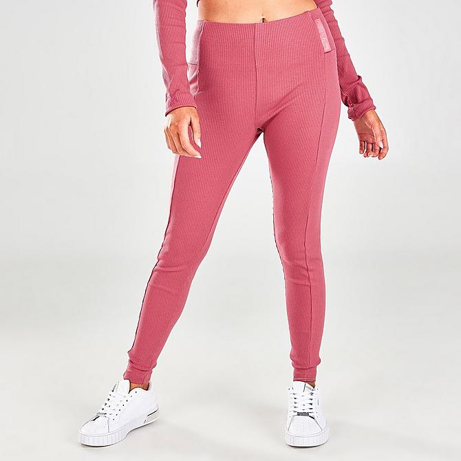 Front Three Quarter view of Women's Puma Team Ribbed Leggings in Mauvewood Click to zoom