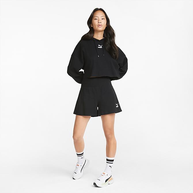 Front Three Quarter view of Women's Puma Classics Ribbed Pullover Hoodie in Puma Black Click to zoom