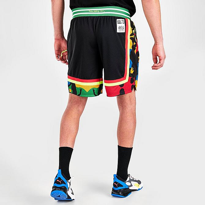 Back Right view of Men's Puma Black Fives Harlem Basketball Shorts in Black Click to zoom