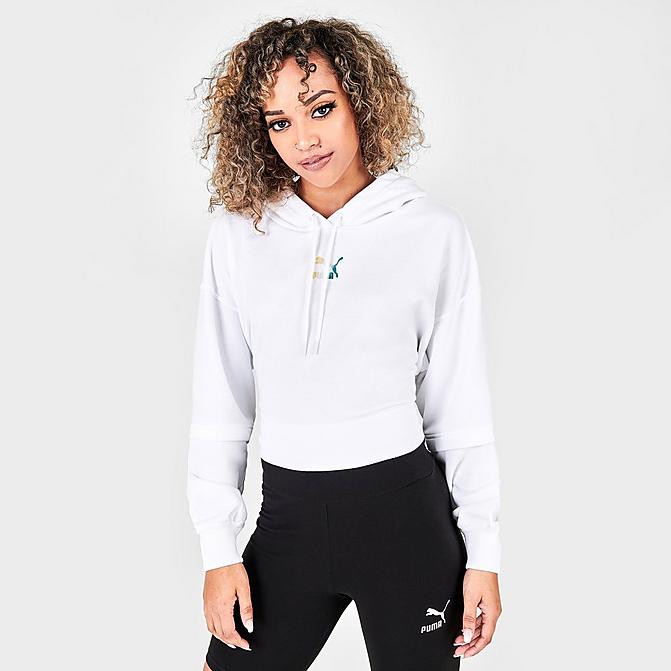 Front view of Women's Puma Crystal Galaxy Pullover Hoodie in Puma White Click to zoom
