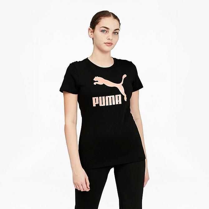 Front view of Women's Puma Classics Metallic Logo T-Shirt in Puma Black/Rose Gold Click to zoom