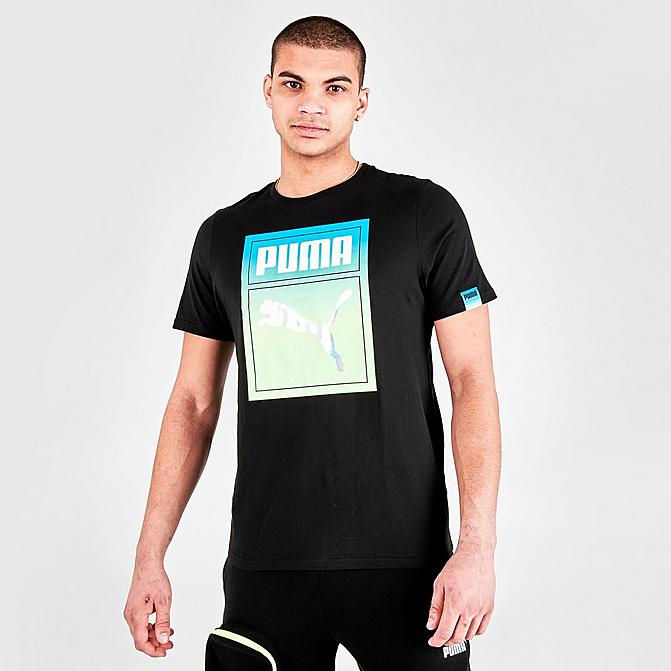 Front view of Men's Puma Lightsense Box Logo T-Shirt in Black Click to zoom