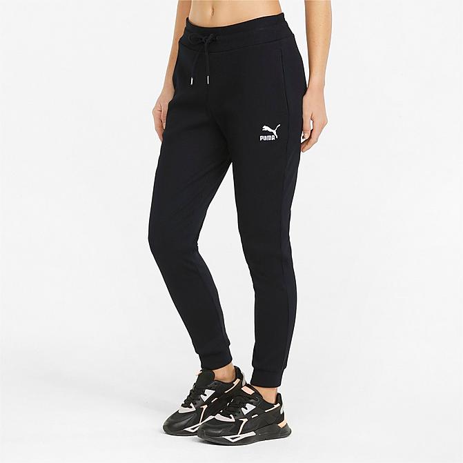 Front view of Women's Puma Classics Ribbed Slim Fit Pants in Cotton Black Click to zoom