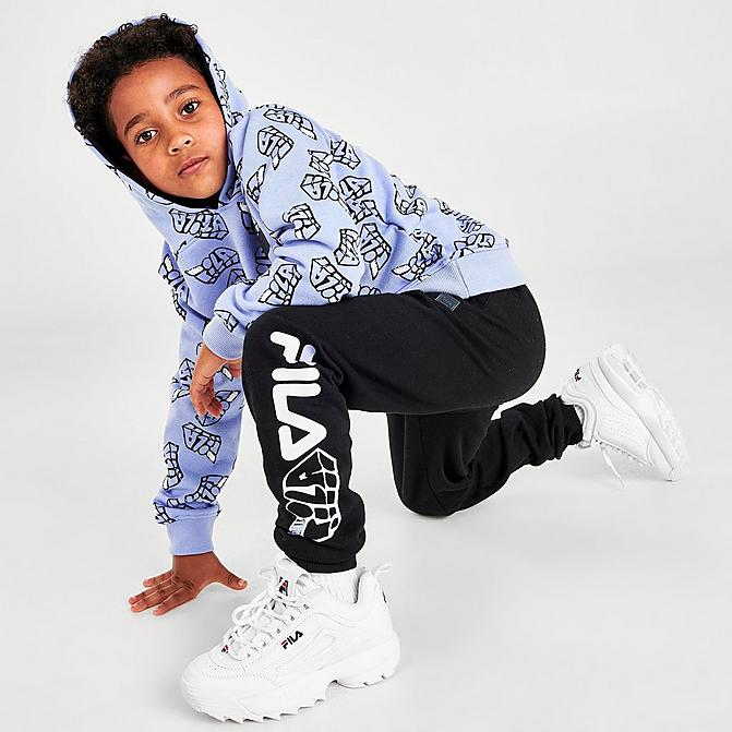 Front view of Little Kids' Fila Three Sixty AOP Pullover Hoodie and Jogger Pants Fleece Set in Blue Vapour Click to zoom