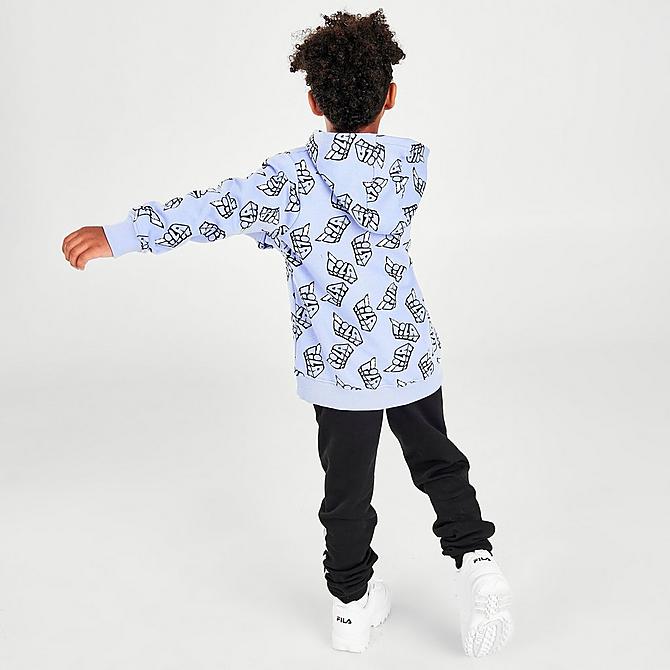 Front Three Quarter view of Little Kids' Fila Three Sixty AOP Pullover Hoodie and Jogger Pants Fleece Set in Blue Vapour Click to zoom