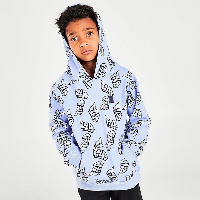 Back Left view of Little Kids' Fila Three Sixty AOP Pullover Hoodie and Jogger Pants Fleece Set in Blue Vapour Click to zoom