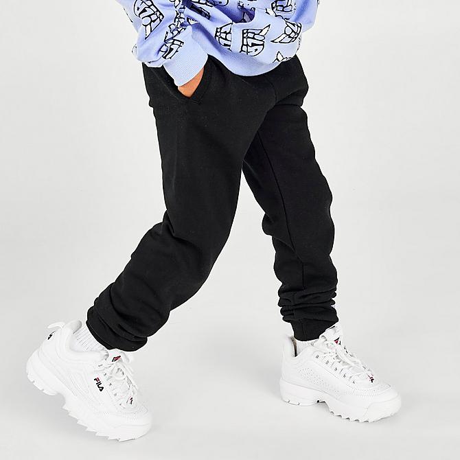 Back Right view of Little Kids' Fila Three Sixty AOP Pullover Hoodie and Jogger Pants Fleece Set in Blue Vapour Click to zoom