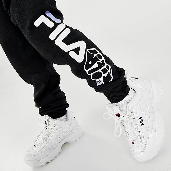 On Model 6 view of Little Kids' Fila Three Sixty AOP Pullover Hoodie and Jogger Pants Fleece Set in Blue Vapour Click to zoom