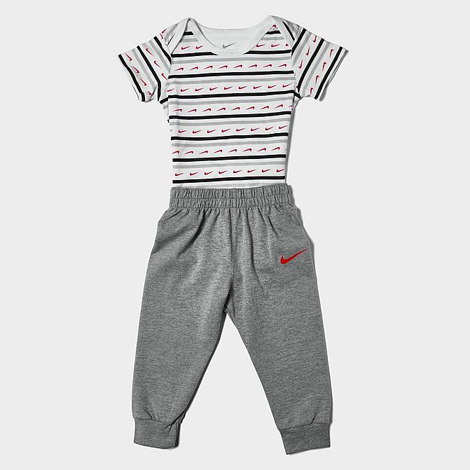 Front view of Boys' Infant Nike Swoosh Stripe Bodysuit and Jogger Pants Set (0-9M) in Heather Grey/Black/Red Click to zoom