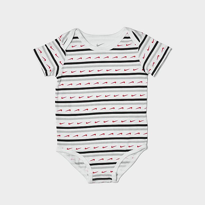 Back view of Boys' Infant Nike Swoosh Stripe Bodysuit and Jogger Pants Set (0-9M) in Heather Grey/Black/Red Click to zoom