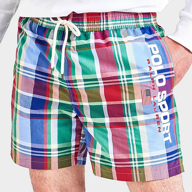 On Model 5 view of Men's Polo Sport Traveler Printed Swim Shorts in Blue Madras Click to zoom