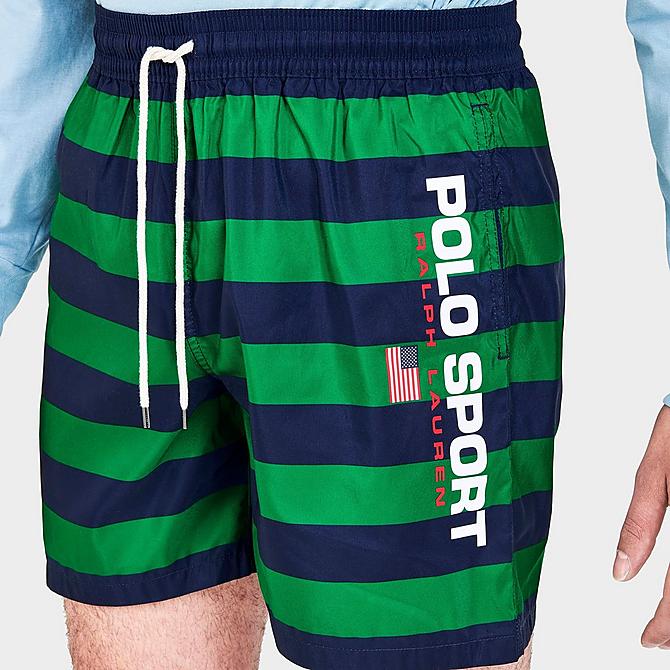 On Model 5 view of Men's Polo Sport Traveler Swim Shorts in Navy/Green Click to zoom