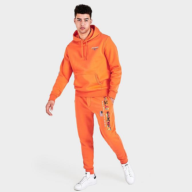 Front Three Quarter view of Men's Polo Ralph Lauren Polo Sport Fleece Jogger Pants in May Orange Click to zoom
