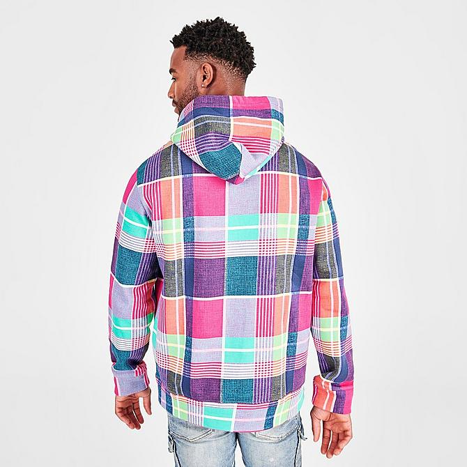 Back Right view of Men's Ralph Lauren Polo Sport Fleece Print Pullover Hoodie in Pink Madras Click to zoom