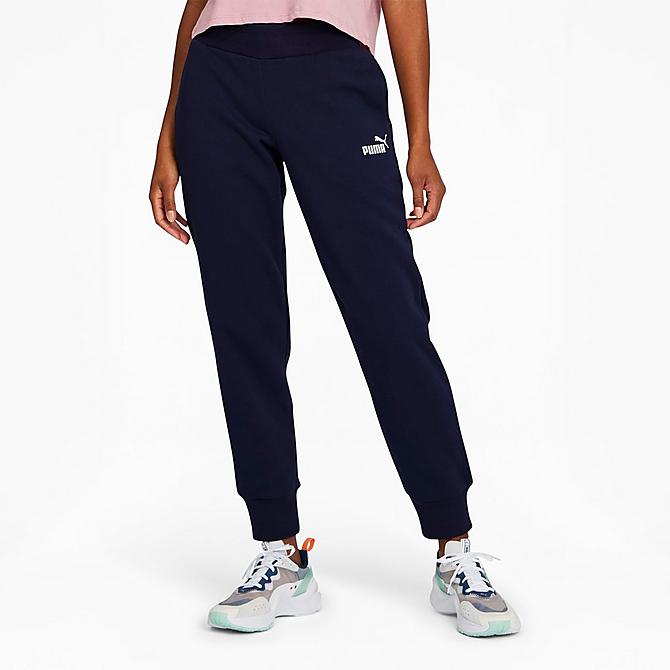 Front Three Quarter view of Women's Puma Essentials Jogger Sweatpants in Peacoat Click to zoom