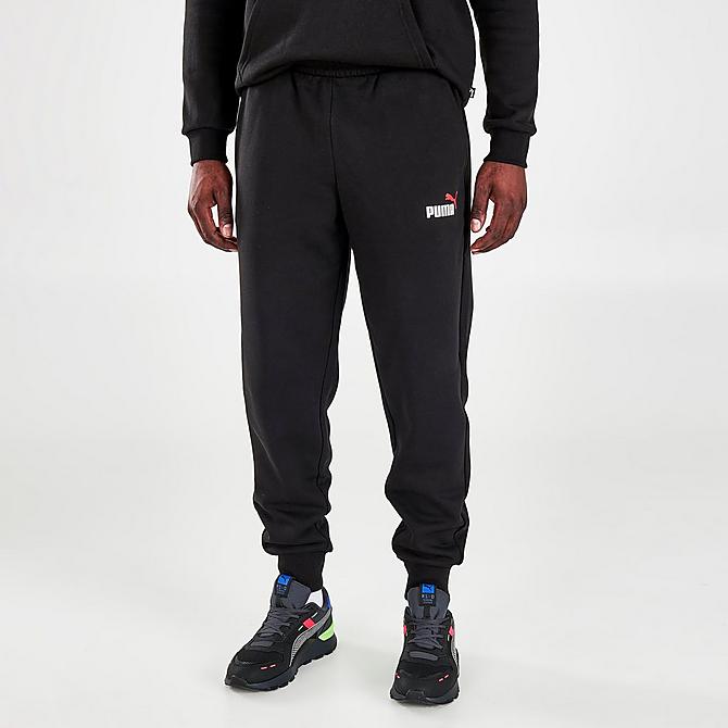 Front Three Quarter view of Men's Puma Logo Jogger Pants in Black Click to zoom