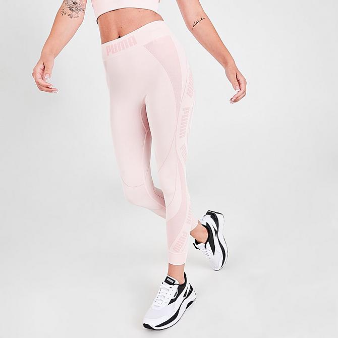 Front Three Quarter view of Women's Puma Evostripe Evoknit Crop Training Tights in Peony Click to zoom