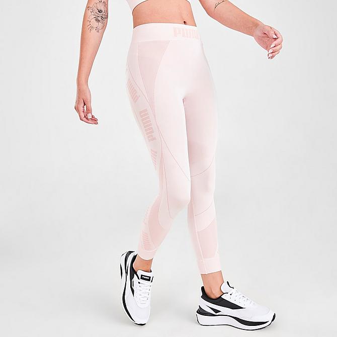 Back Left view of Women's Puma Evostripe Evoknit Crop Training Tights in Peony Click to zoom